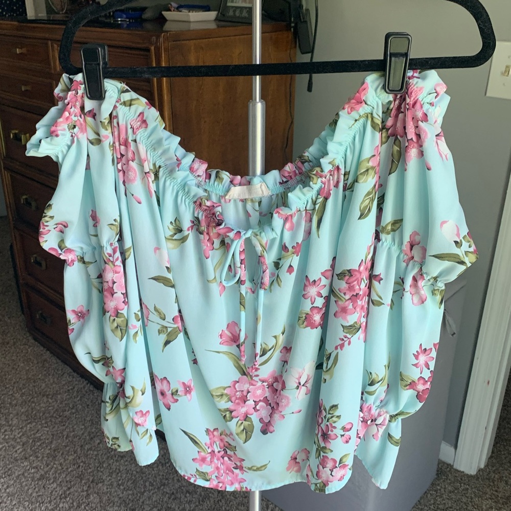 Blue floral print off shoulder blouse